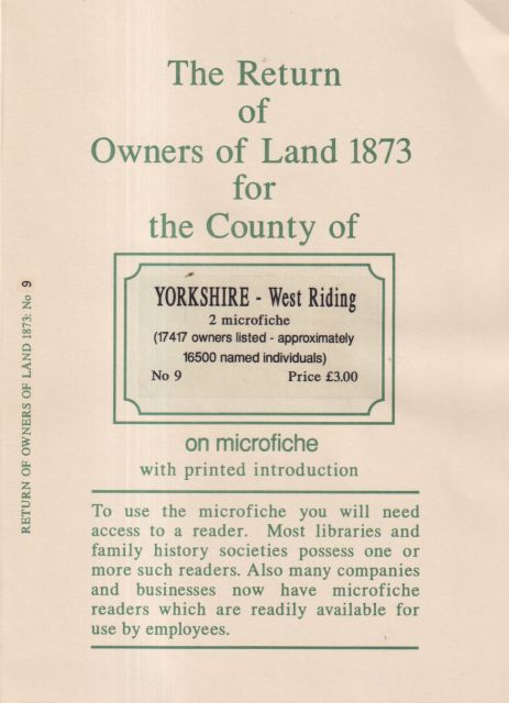 The Return of Owners of Land 1873 for the County of Yorkshire - West Riding Cliff Webb